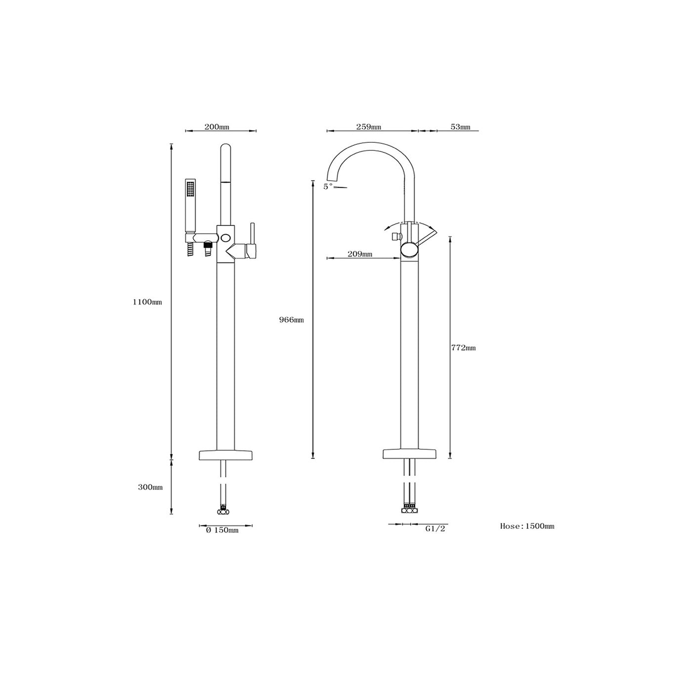 Bath Filler Tap Mixer Handheld Shower Set Chrome Bathroom Floor Mounted - Image 6