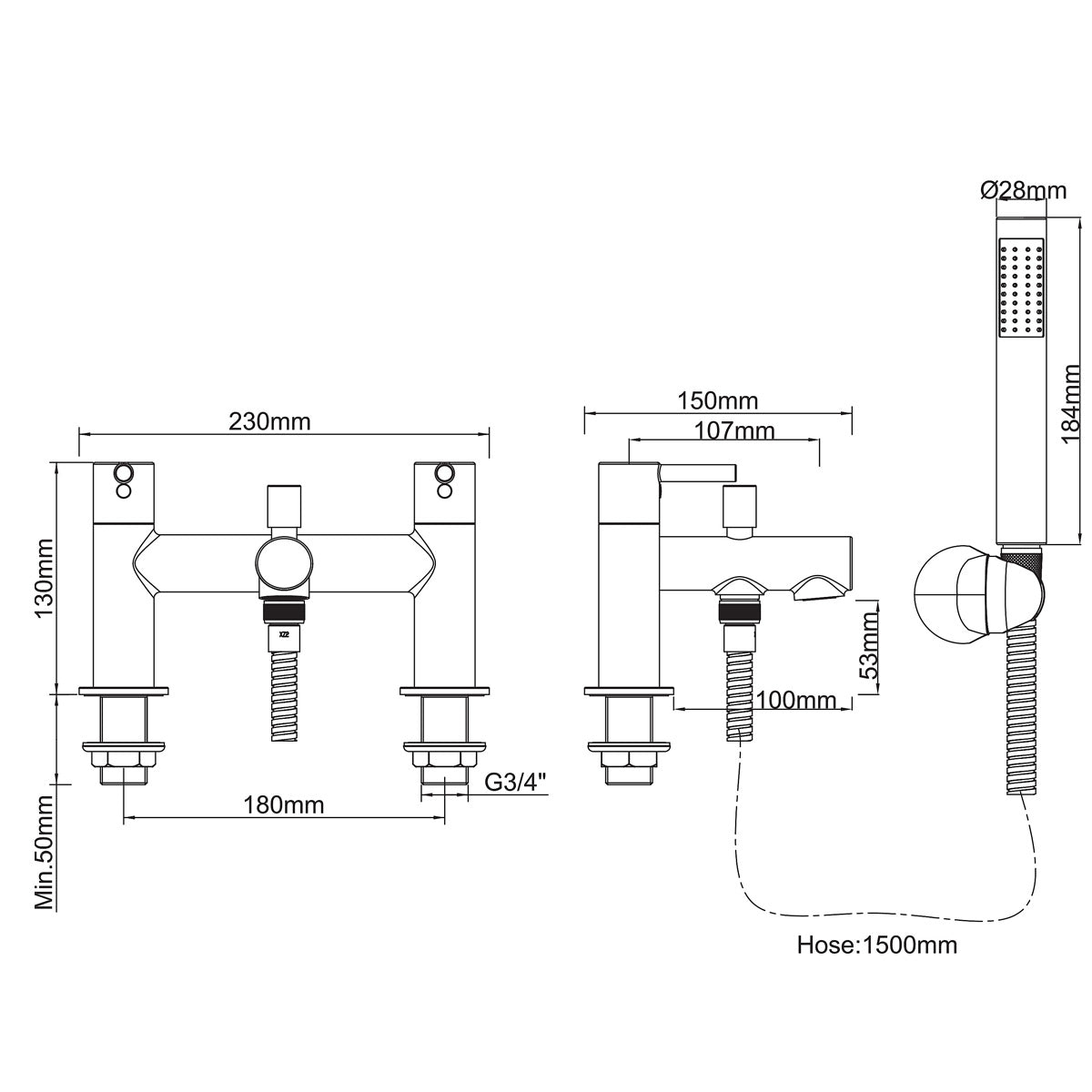 Bath Filler Tap Mixer With Hand Held Set Chrome ¼ Turn Contemporary Bathroom - Image 2