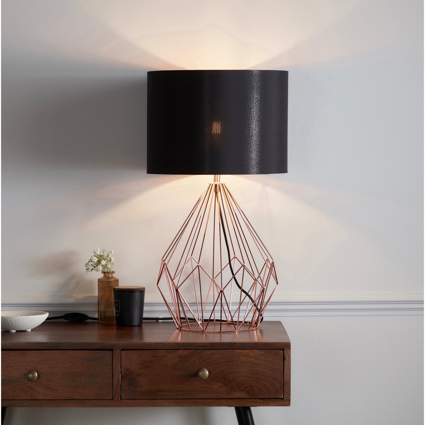 Table Lamp Modern Copper Effect Bedside Light Black Drum Shade For Any Room - Image 1