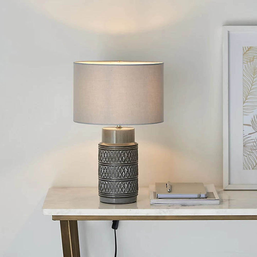 Table Lamp Bedroom Bedside Light Grey Drum Shade Embossed Ceramic 40W E14 - Image 1