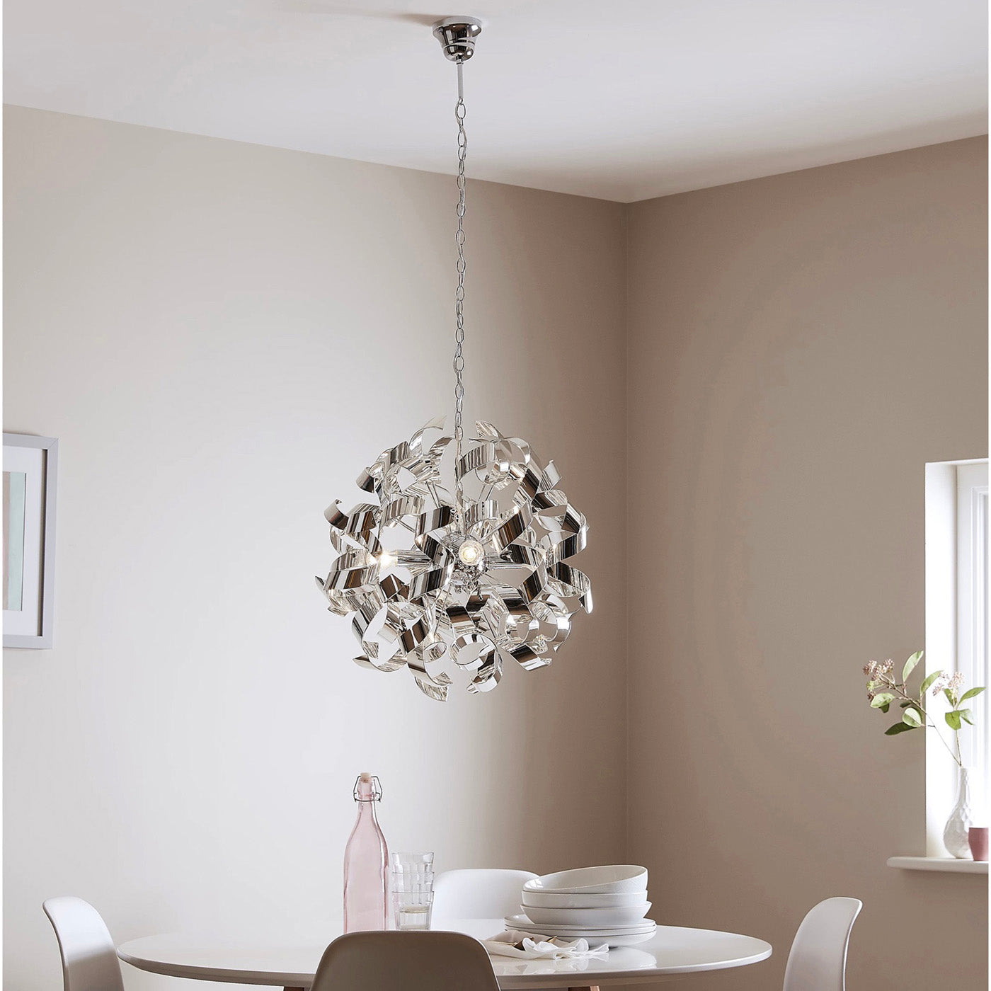 Pendant Ceiling Light 4 Lamp Chrome Effect Modern Adjustable Height (Dia)500 mm - Image 1