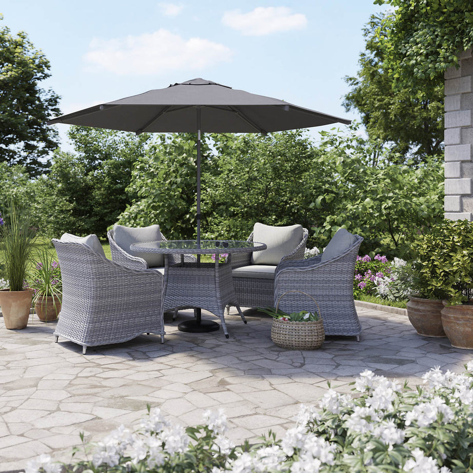 Garden Dining Table 4 Seater Grey Rattan Round Outdoor Umbrella Hole (W) 121cm - Image 2