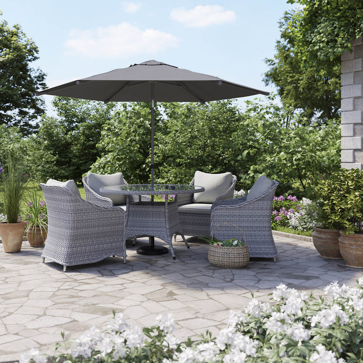 Garden Dining Table 4 Seater Grey Rattan Round Outdoor Umbrella Hole (W) 121cm - Image 2