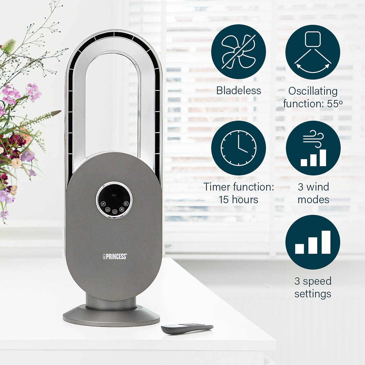 Princess Fan Oscillating Bladeless Cooling LED Remote Control 3 Speed (H)67.5cm - Image 1