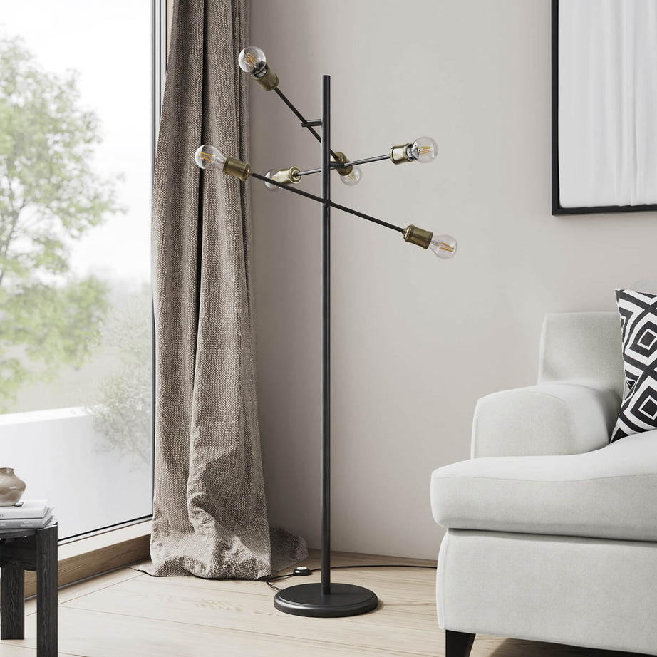 Floor Lamp 6 Lights Metal Matt Black Antique Brass Effect Modern Industrial - Image 1