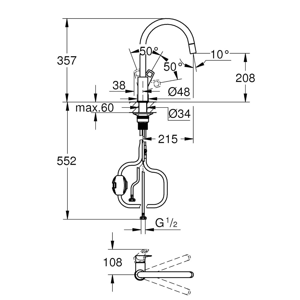 Grohe Kitchen Tap Mixer Chrome Single Lever Pull Out Spout Contemporary Faucet - Image 2