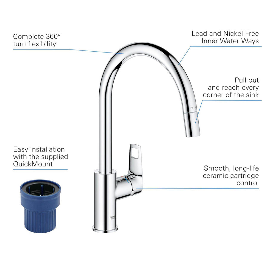 Grohe Kitchen Tap Mixer Chrome Single Lever Pull Out Spout Contemporary Faucet - Image 4