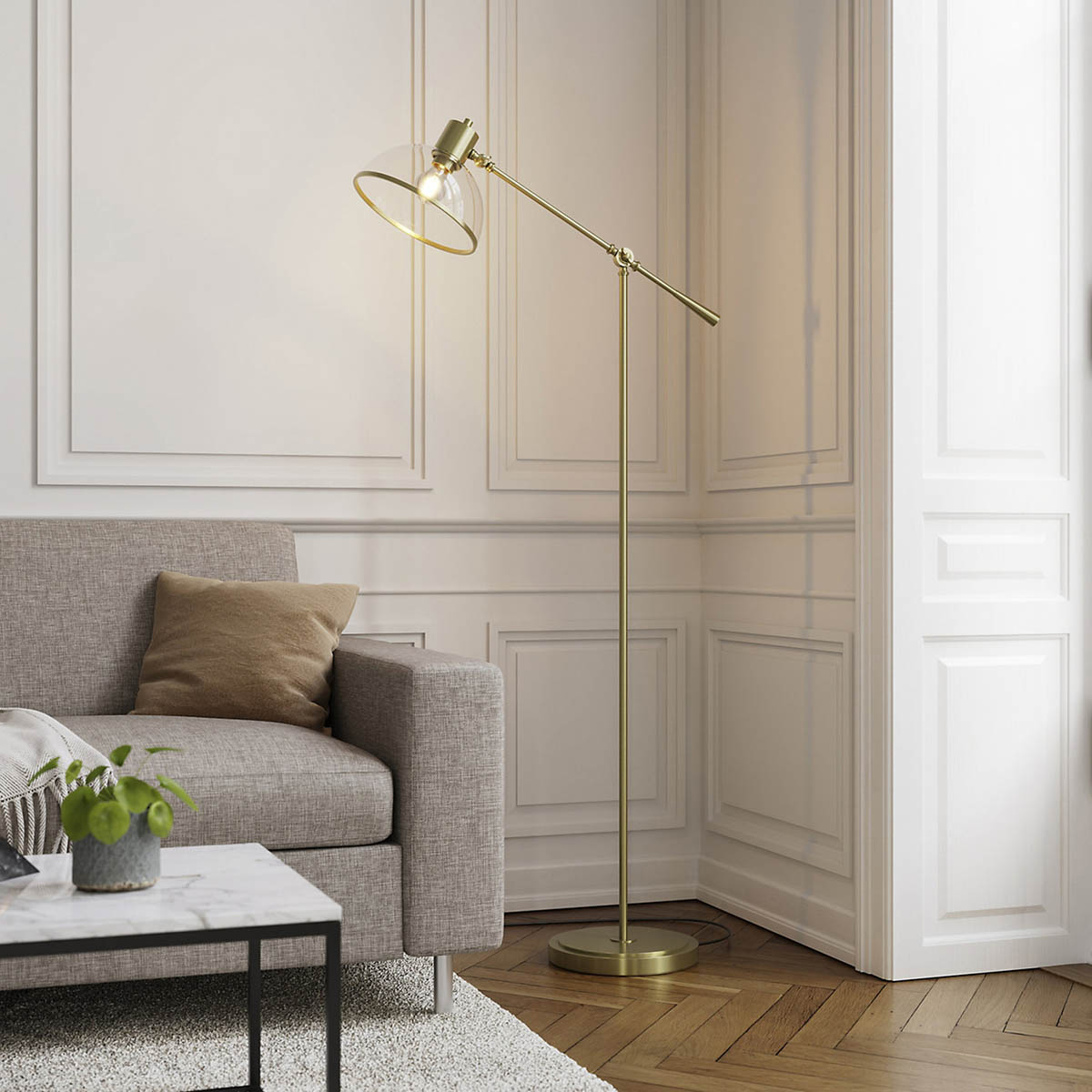 LED Floor Lamp Glass Shade Articulated Antique Brass Effect Modern Freestanding - Image 1