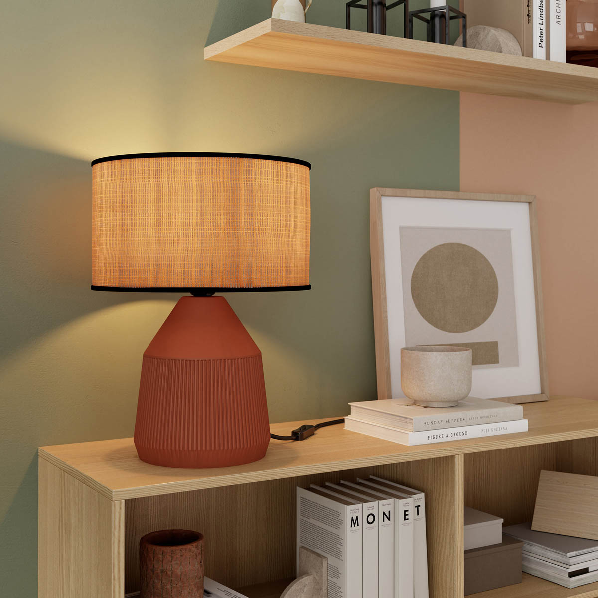 Table Lamp Round Matt Natural E27 Ceramic Straw Bedroom Living Room Modern - Image 2