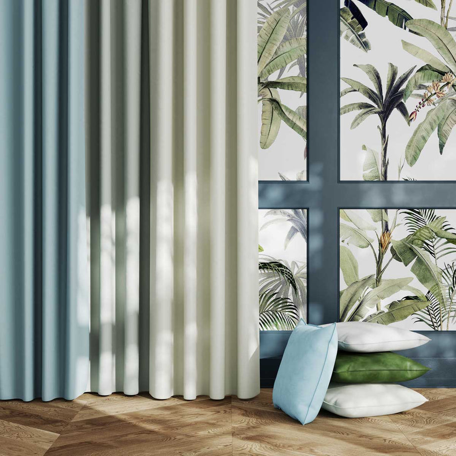 Eyelet Curtain Pair Light Blue Solid Dyed Lined Cotton Modern (W)228 (L)228cm - Image 4