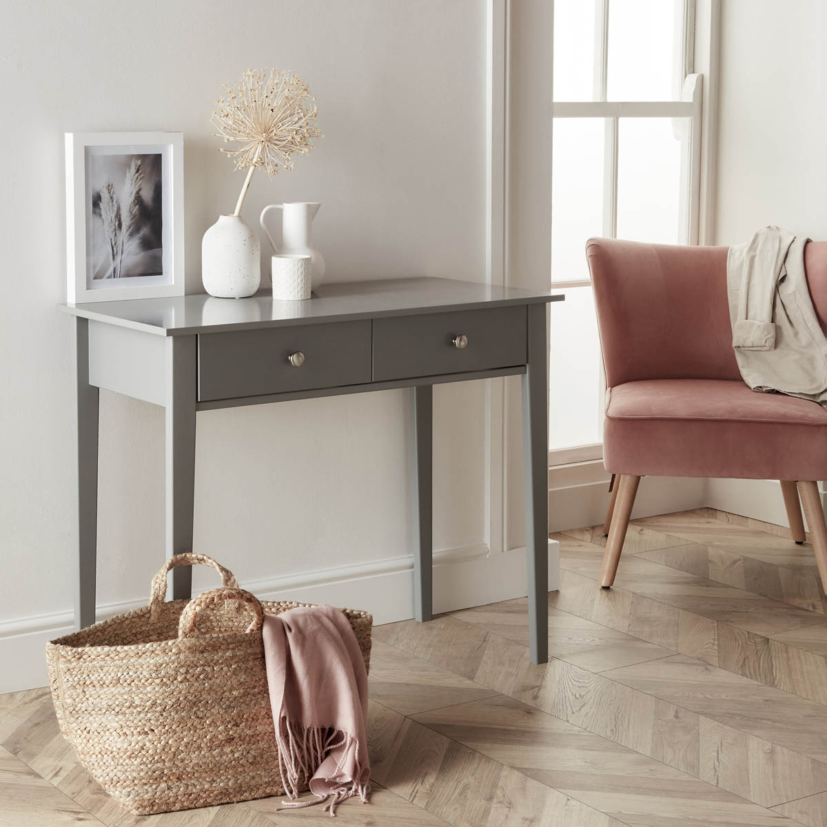 Valenca Dressing Table 2 Drawer Satin Grey Painted (H)765mm (W)1000mm (D)450mm - Image 1