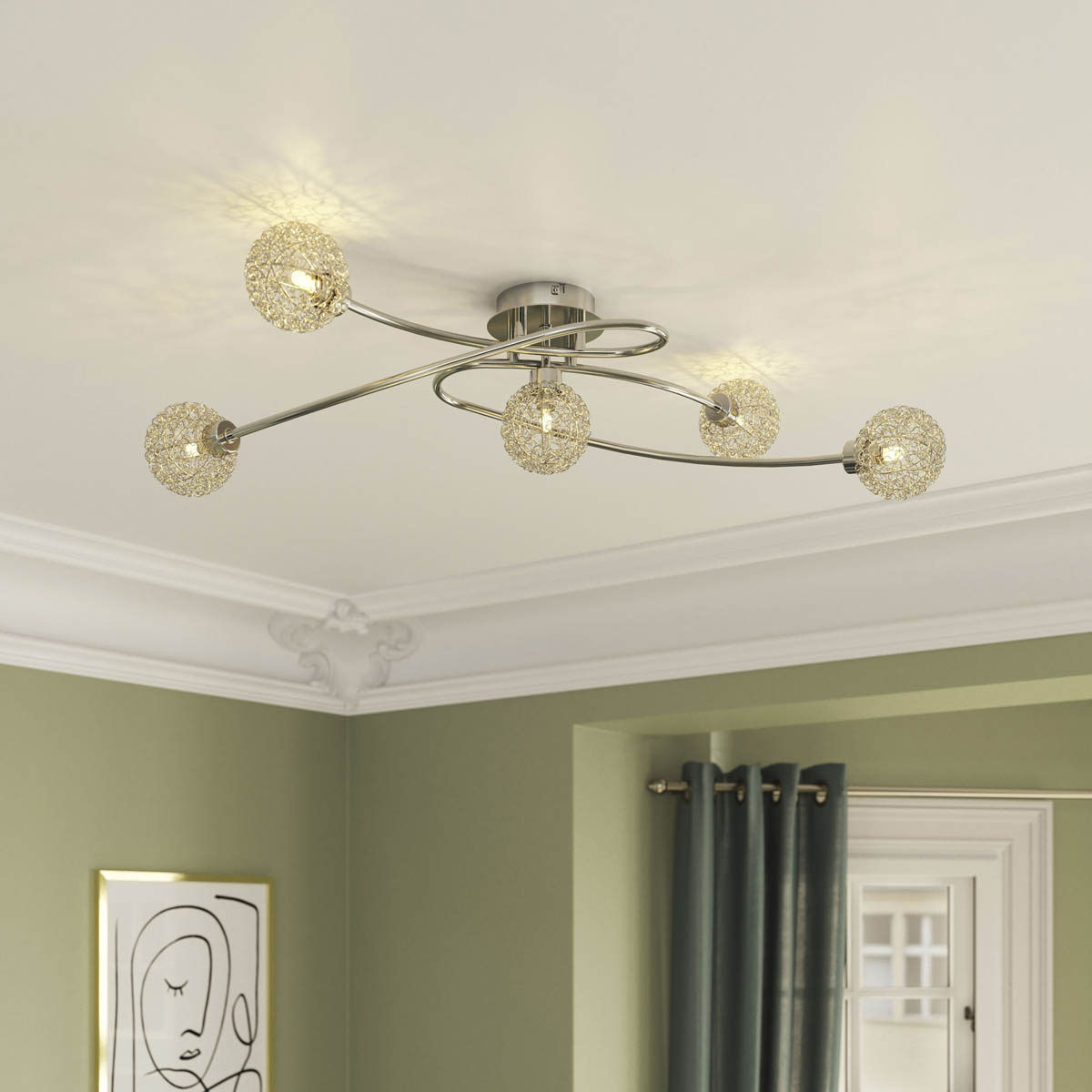 Ceiling Light 5 Lamp LED Chrome Twisted Crystal Decoration Glass Metal Modern - Image 1