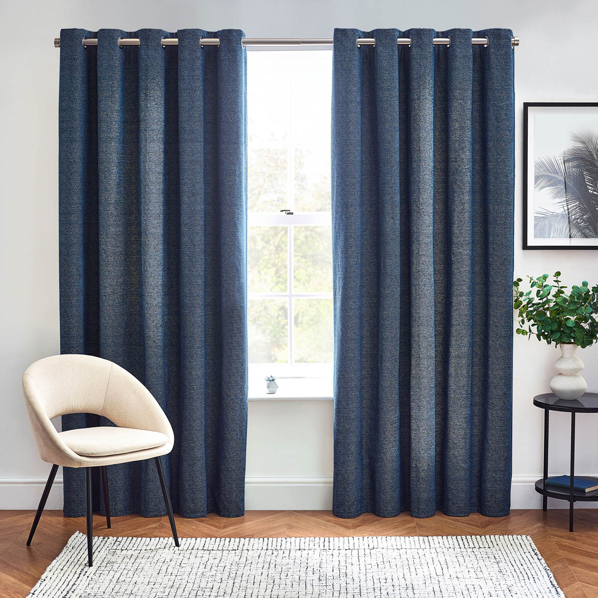 Eyelet Curtains Blue Lined Chenille Effect Ready Made Ring Top Pair W167xL228cm - Image 2