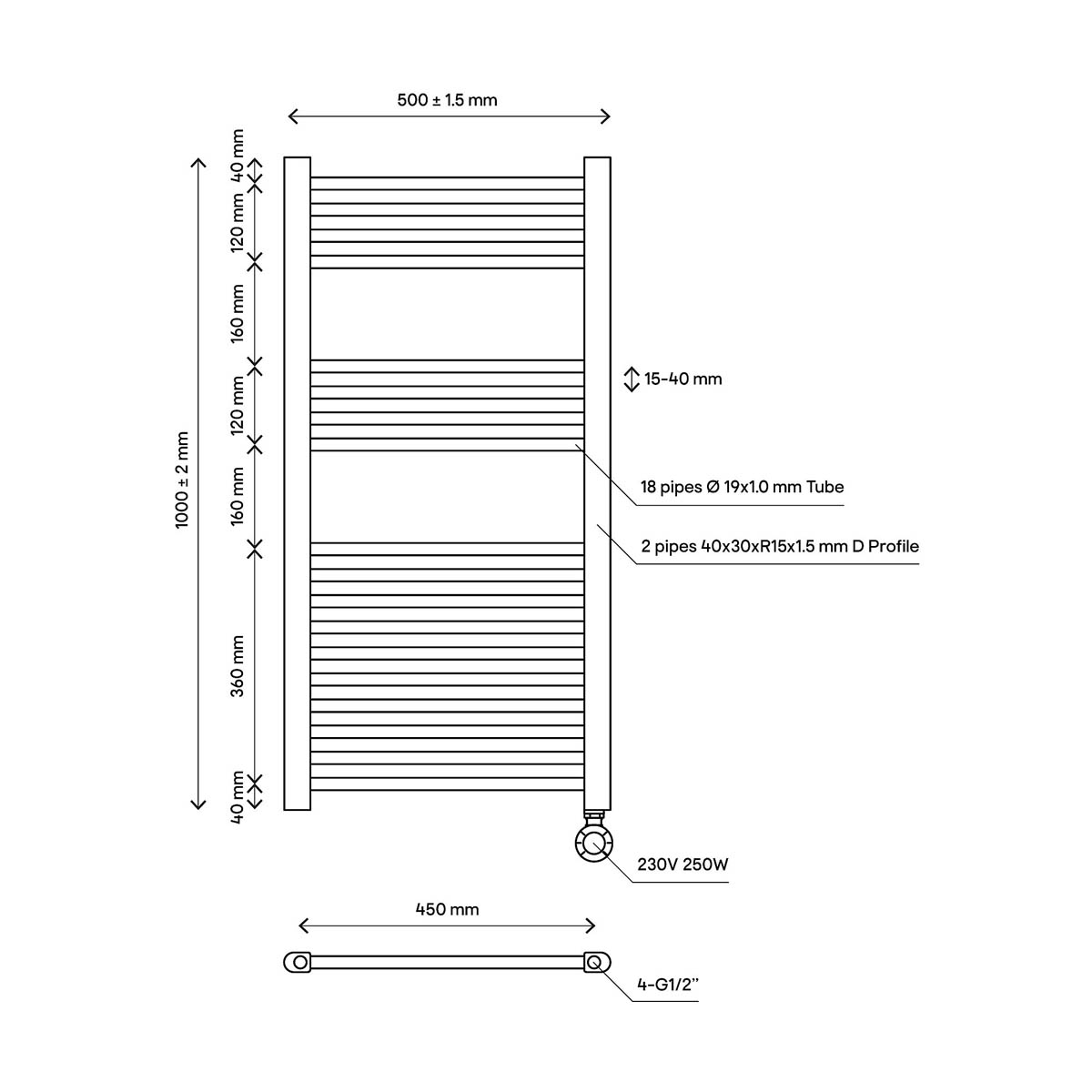 Flomasta Electric Towel Rail Radiator White Flat Bathroom Warmer (H)100x(W)50cm - Image 3