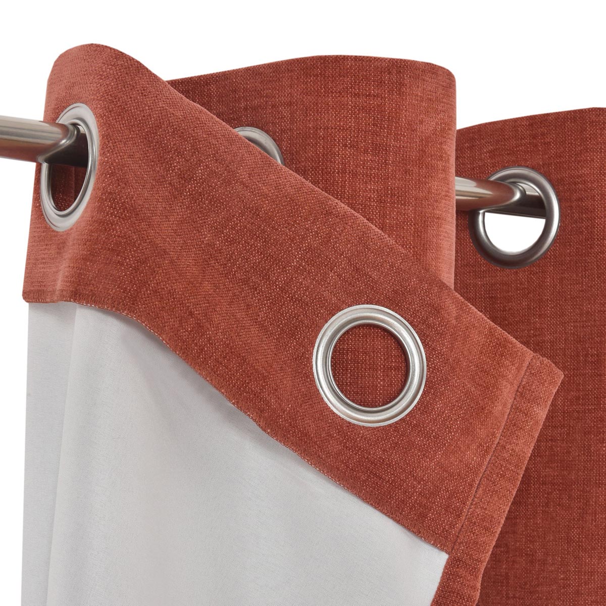 Eyelet Curtain Pair Red Terracotta Plain Woven Lined Bay Window (W)167 (L)183cm - Image 5