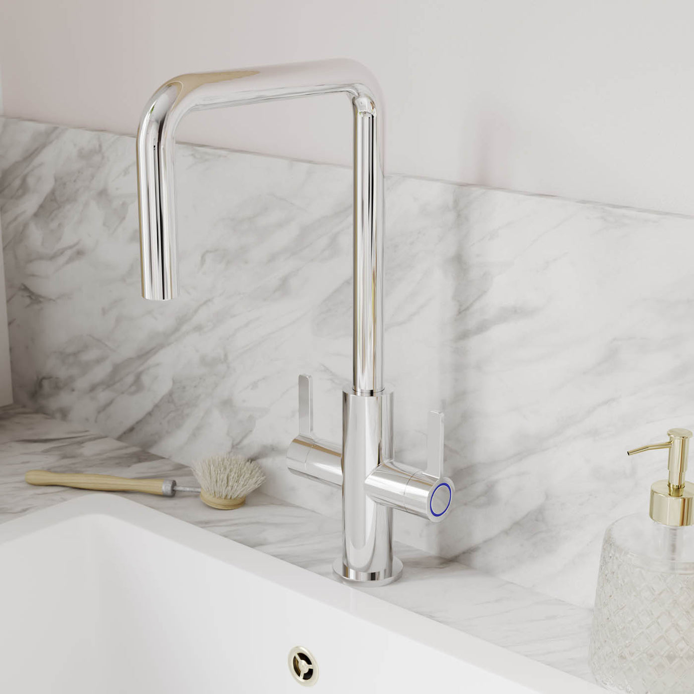 Kitchen Tap Mixer Chrome Twin Lever Swivel Spout Brass Steel Contemporary Faucet - Image 2