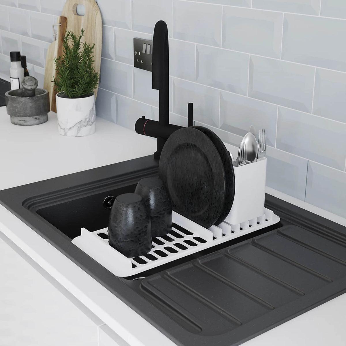 GoodHome Romesco 1 Bowl Quartz Kitchen Sink Drainer Black 773mm - Image 7