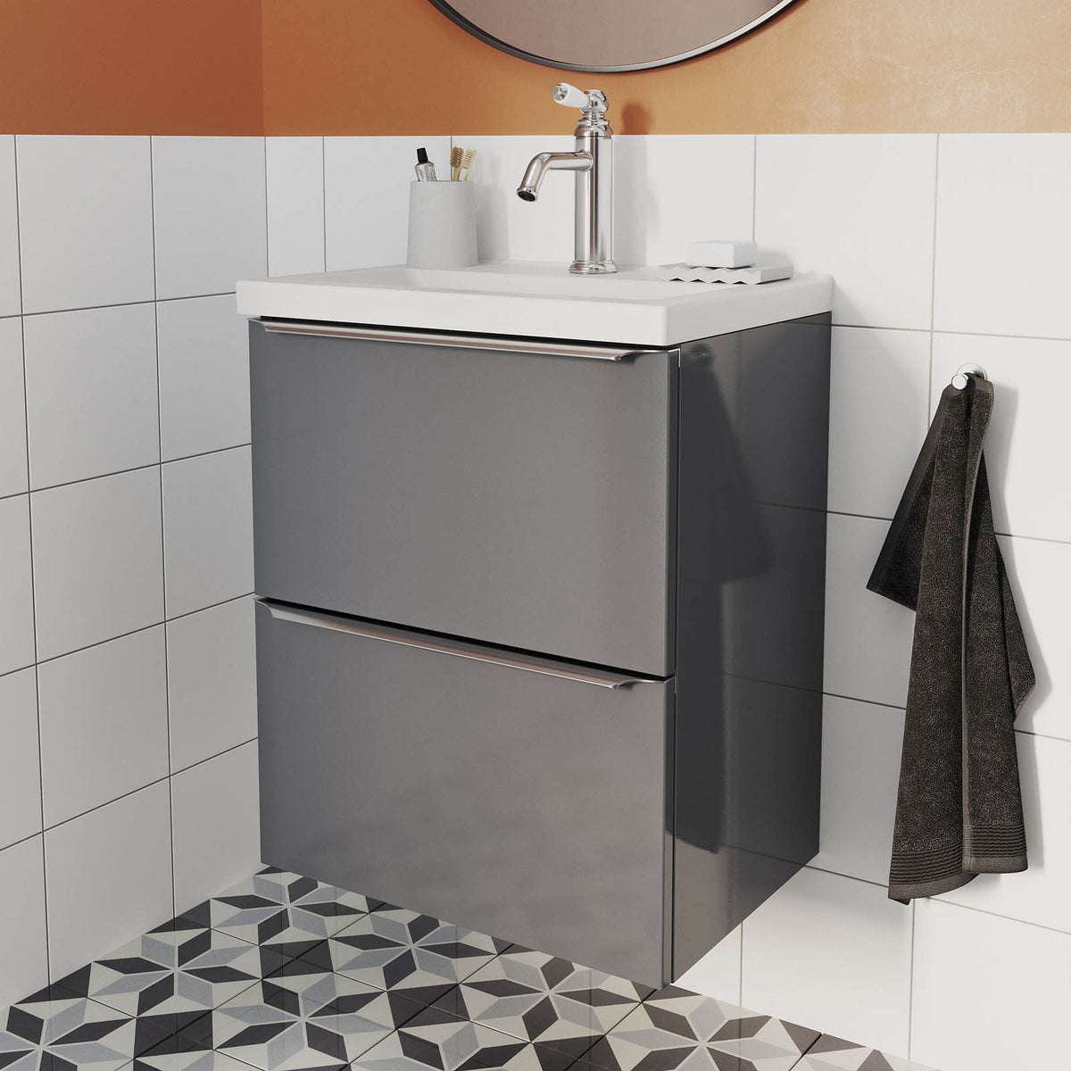 Bathroom Cabinet Vanity Unit Imandra Slimline Gloss Grey Wall Mounted Furniture - Image 2