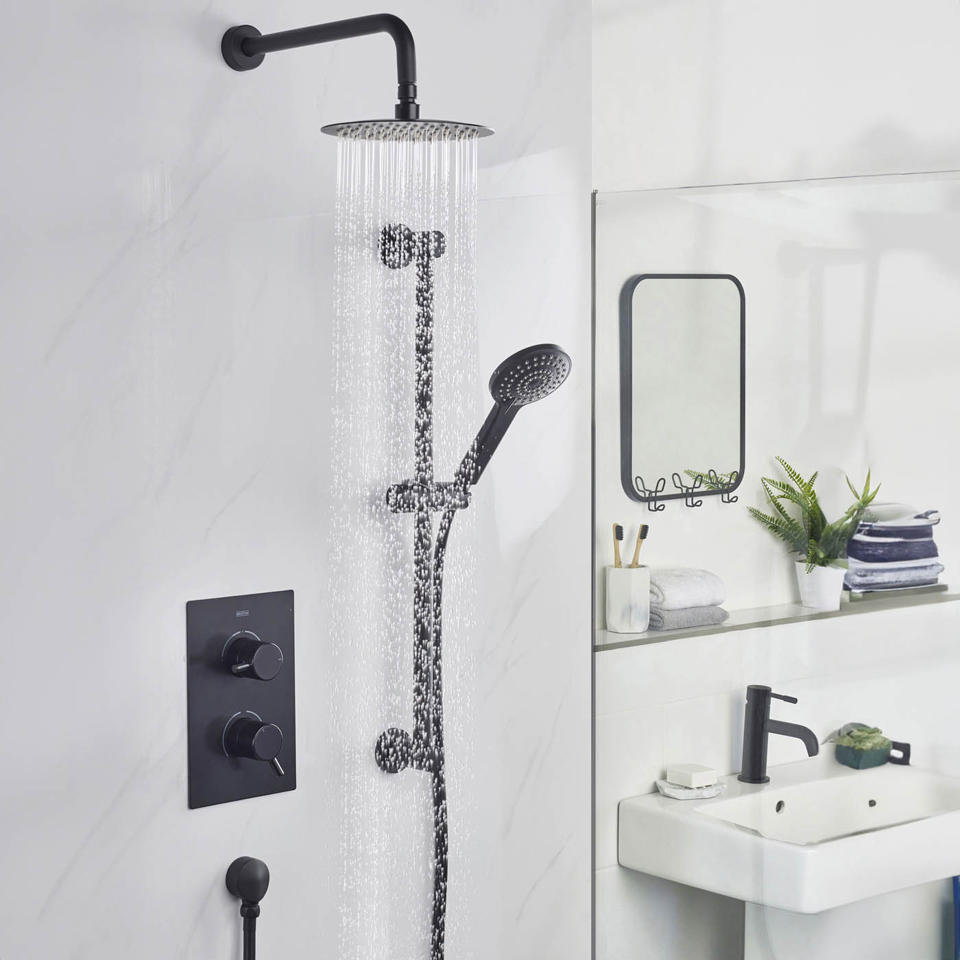 Bristan Thermostatic Mixer Shower Matt Black Recessed Dual Round Head Bathroom - Image 6