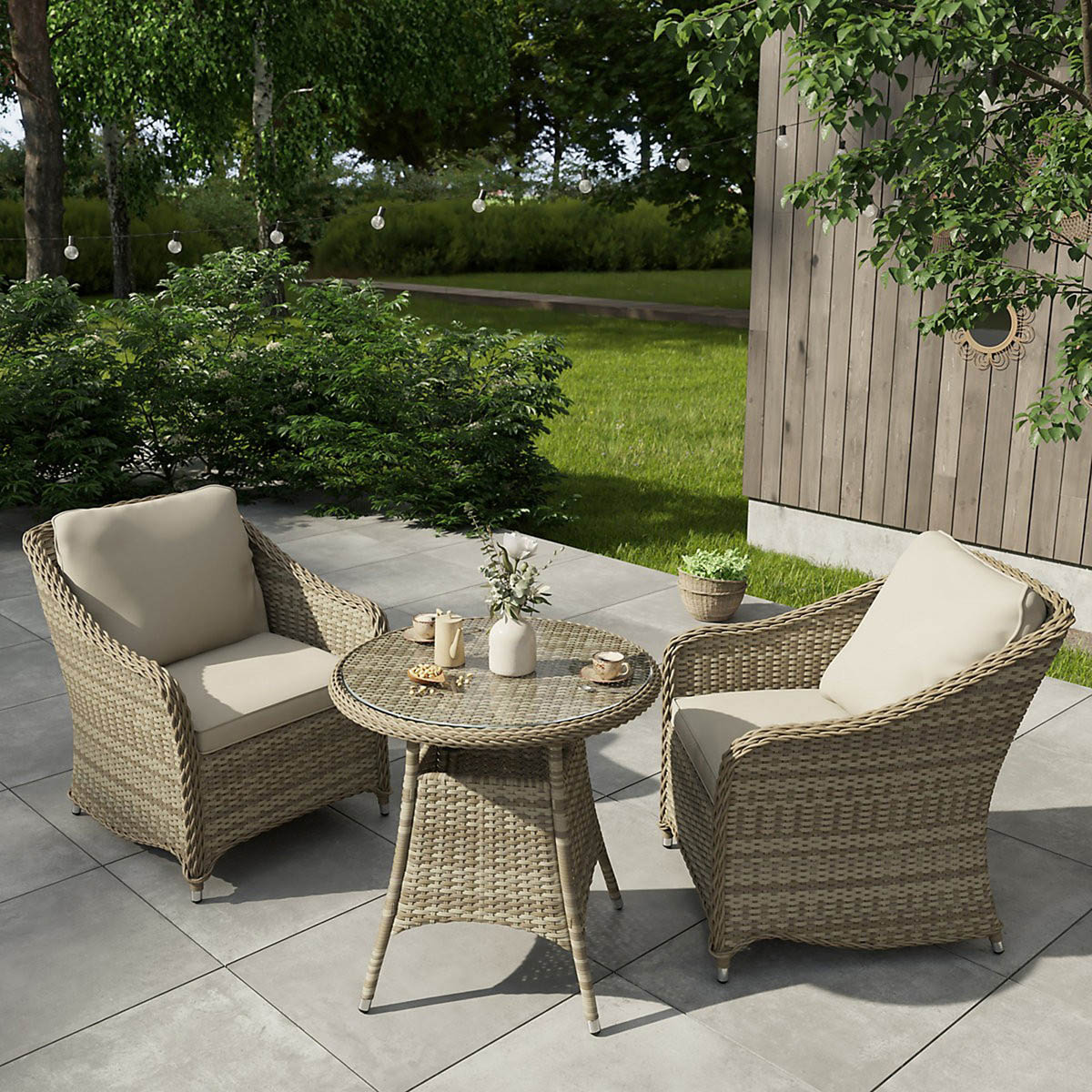 Garden 2 Seater Dining Set Beige Rattan Effect Water Repellent Cushion Covers - Image 1