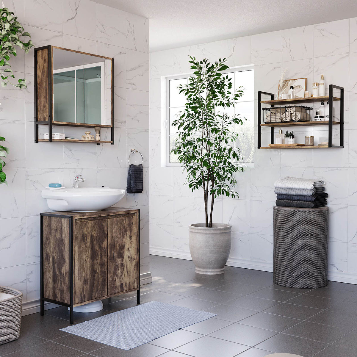 Bathroom Sink Cabinet Matt Brown Chipboard Freestanding Double Storage Furniture - Image 10