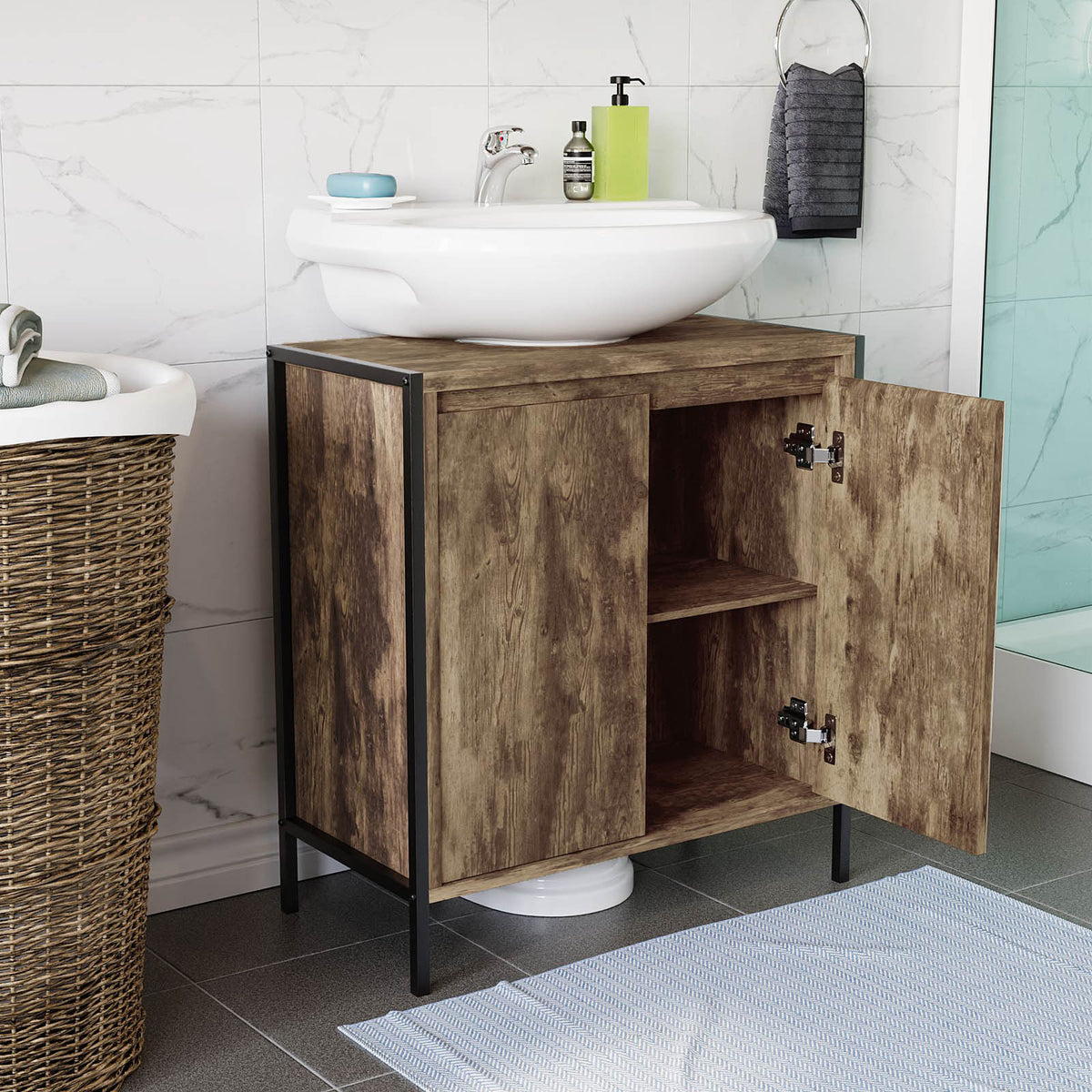 Bathroom Sink Cabinet Matt Brown Chipboard Freestanding Double Storage Furniture - Image 8