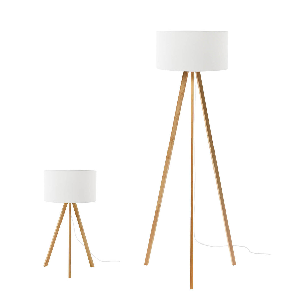 Floor Table Lamp Set LED Natural Bamboo Tripod White Fabric Modern Living Room - Image 2