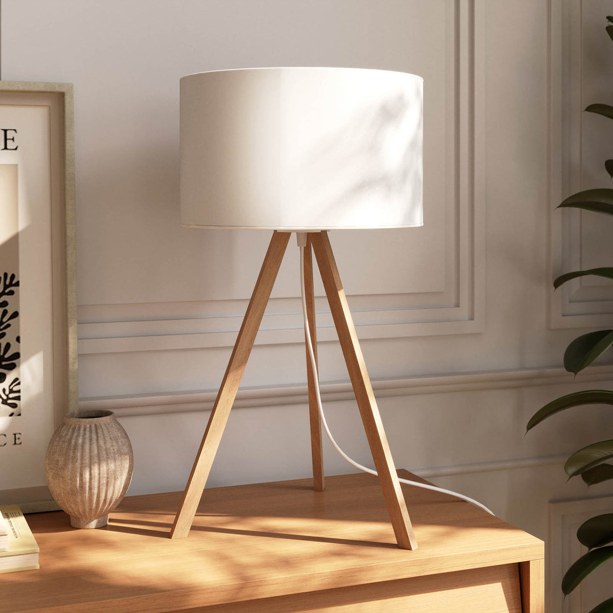 Floor Table Lamp Set LED Natural Bamboo Tripod White Fabric Modern Living Room - Image 5