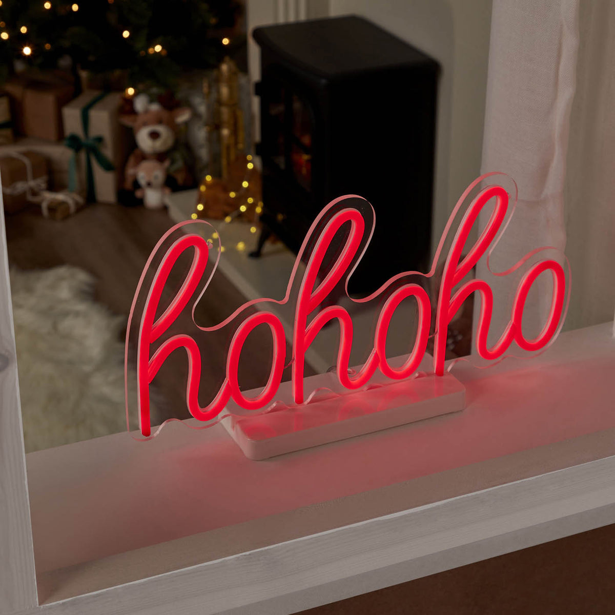 Christmas LED Silhouette Hohoho Indoor Pre-lit Red Light Timer Decoration - Image 1