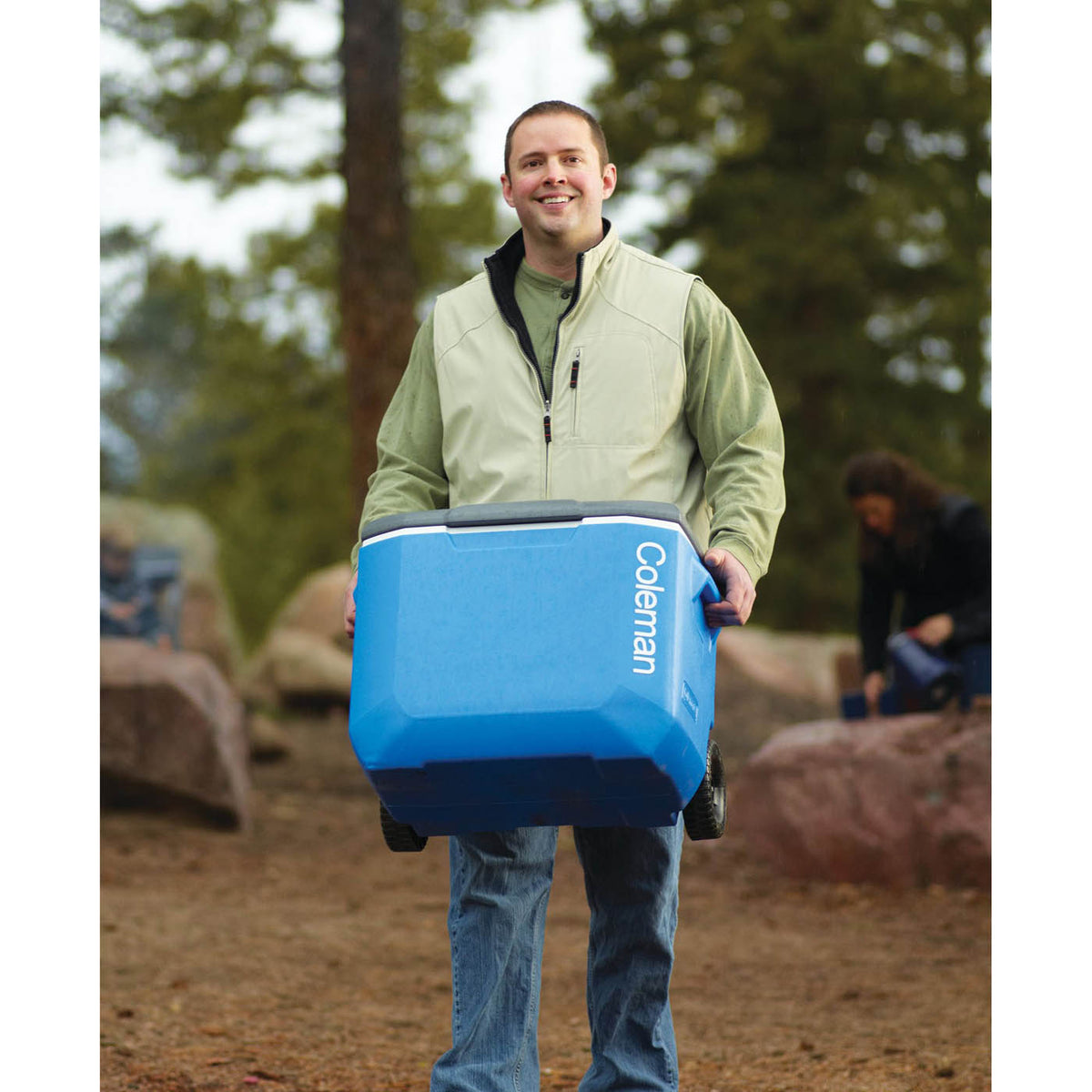 Coleman Cooler Box 56L Blue Portable Wheels Telescopic Handle Camping Picnic - Image 2