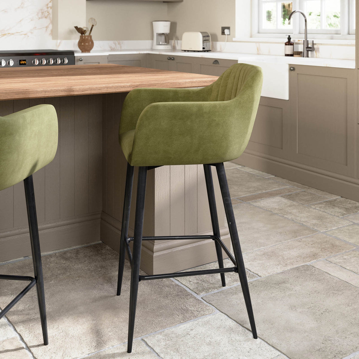 Kitchen Bar Stool Green Velvet Padded High Back Footrest Comfortable Modern - Image 2