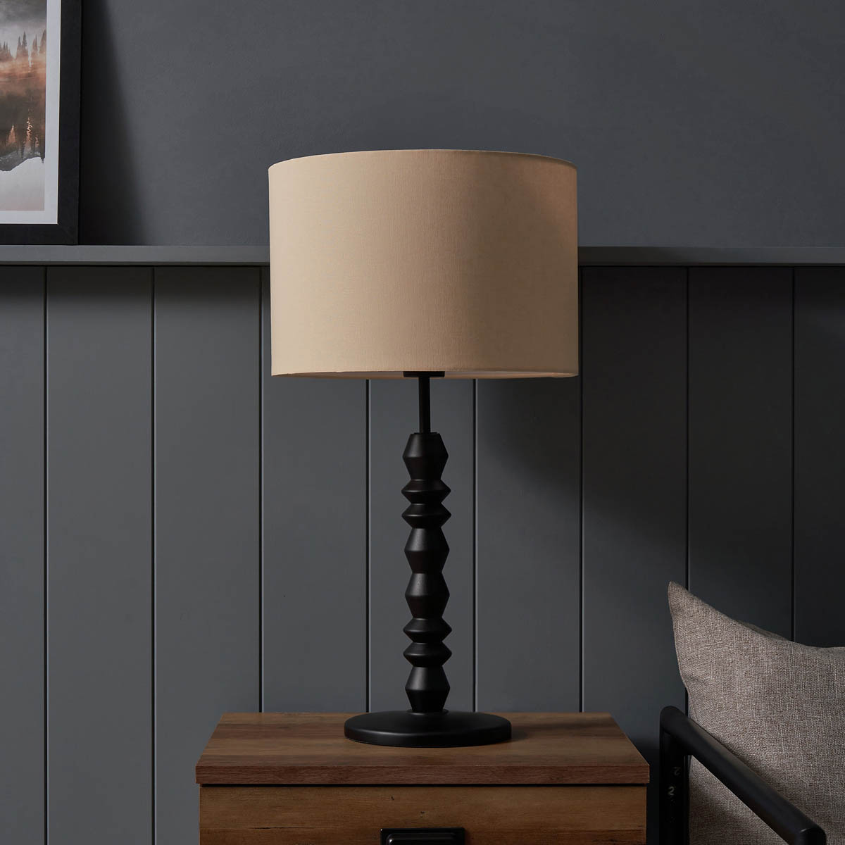 Inlight Table Lamp Spindle Black Wood Effect Natural Fabric Round Contemporary - Image 7