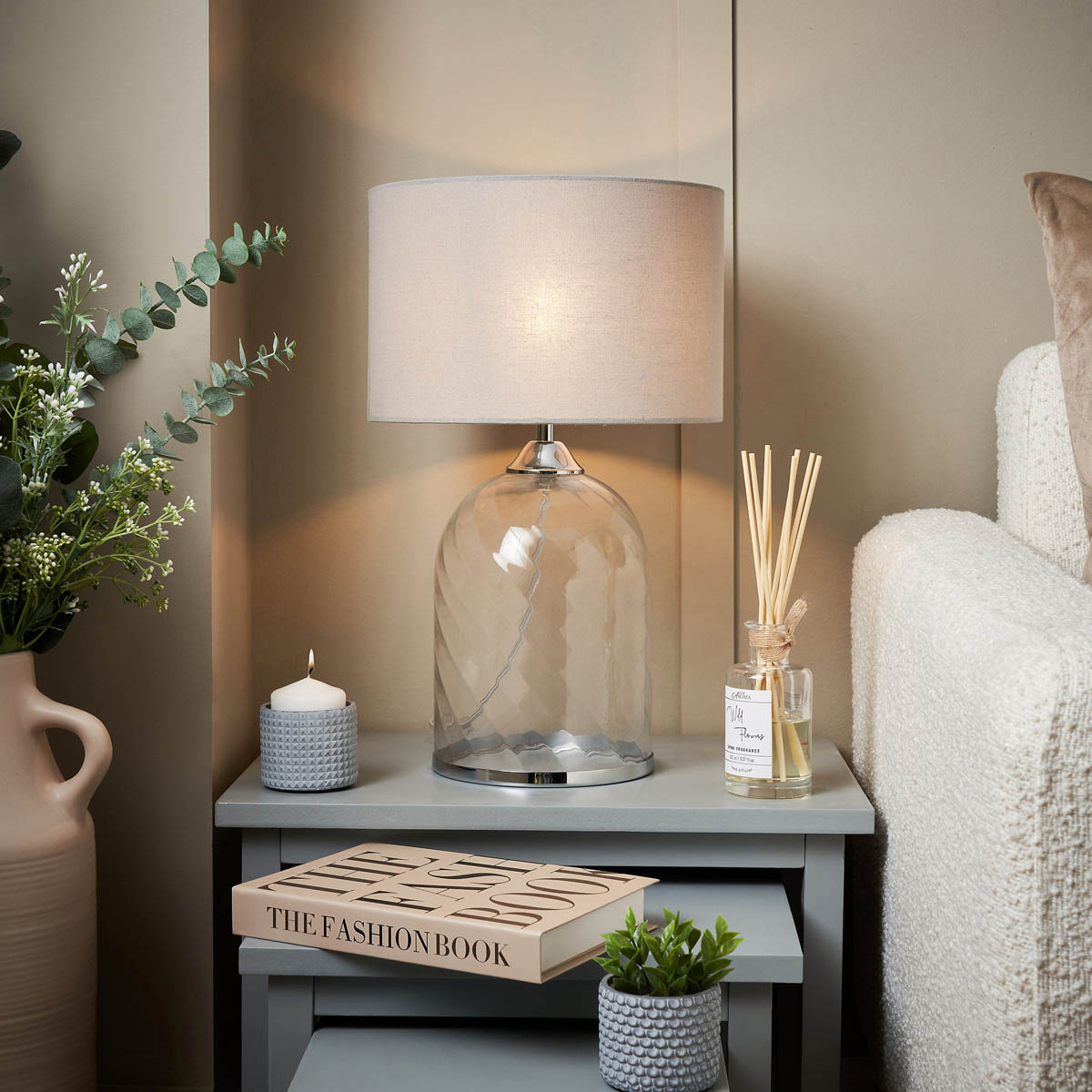 Inlight Table Lamp Clear Ribbed Glass Base Grey Shade Round Modern (Dia)280 mm - Image 1