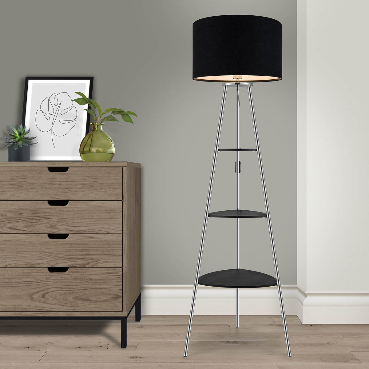 Floor Lamp 3 Shelves Black Chrome Effect Living Room Modern Industrial (H)155cm - Image 1