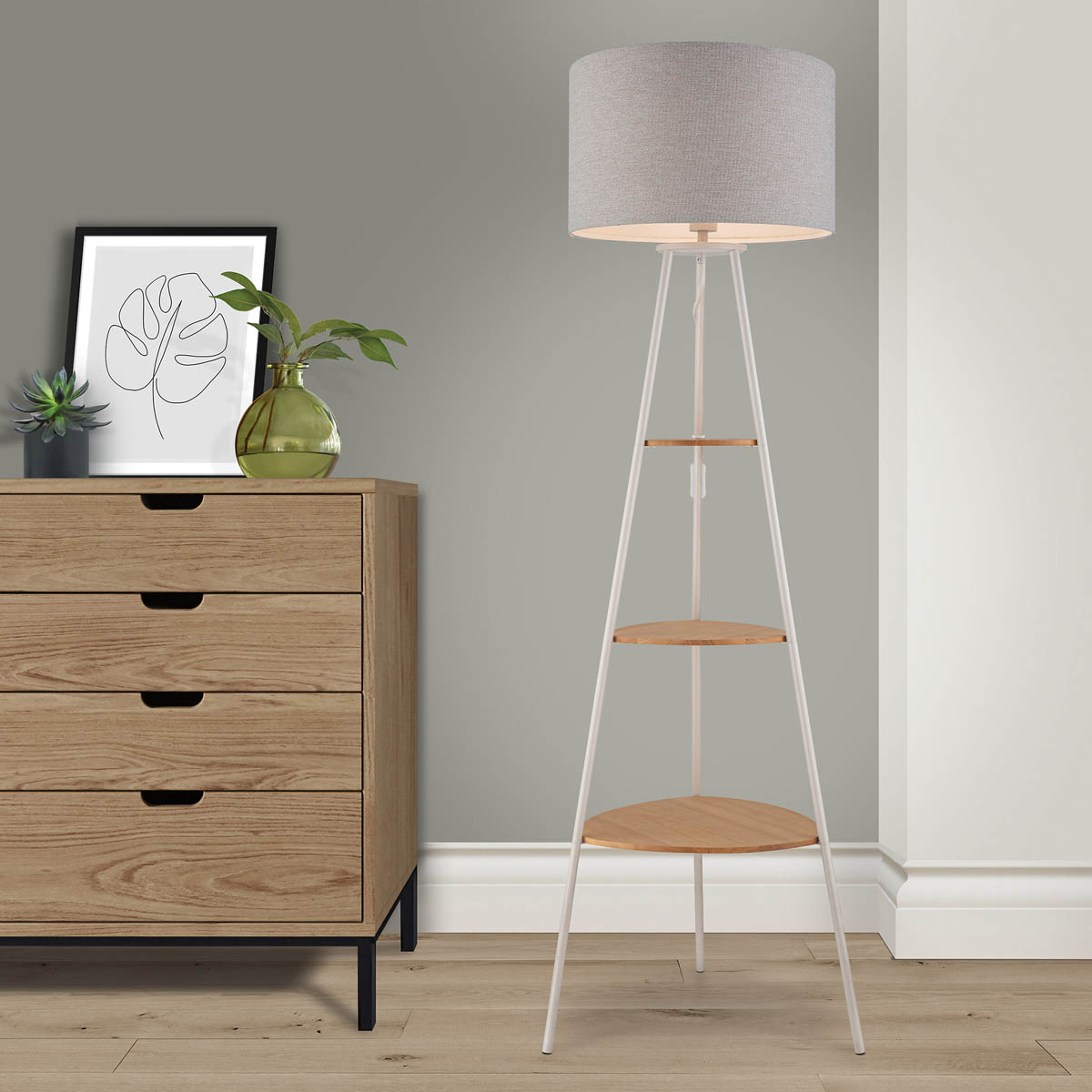 Aspen Floor Lamp With Shelves Matt Grey Drum Shade Modern Livingroom (H)155cm - Image 1