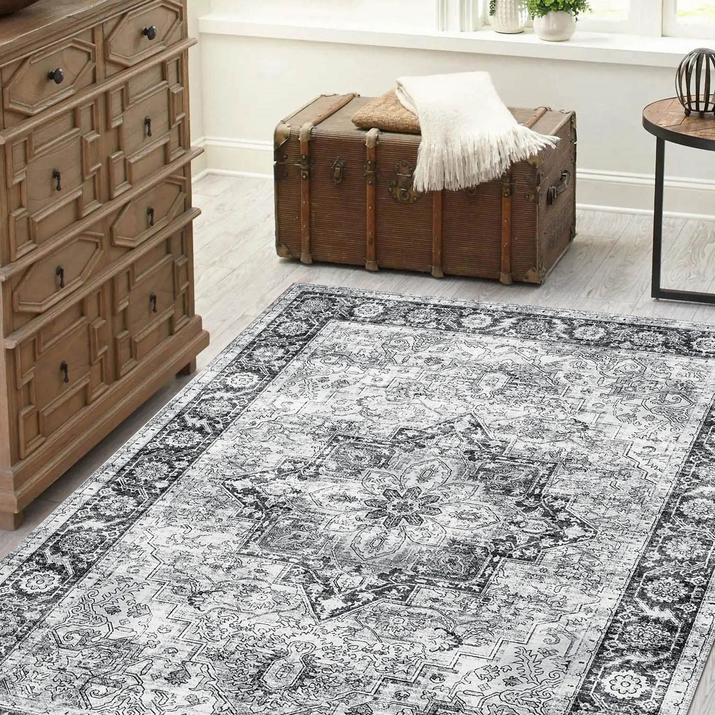 Medium Rug Chenille Grey Traditional Living Room Bedroom (L)170cm x (W)120cm - Image 3