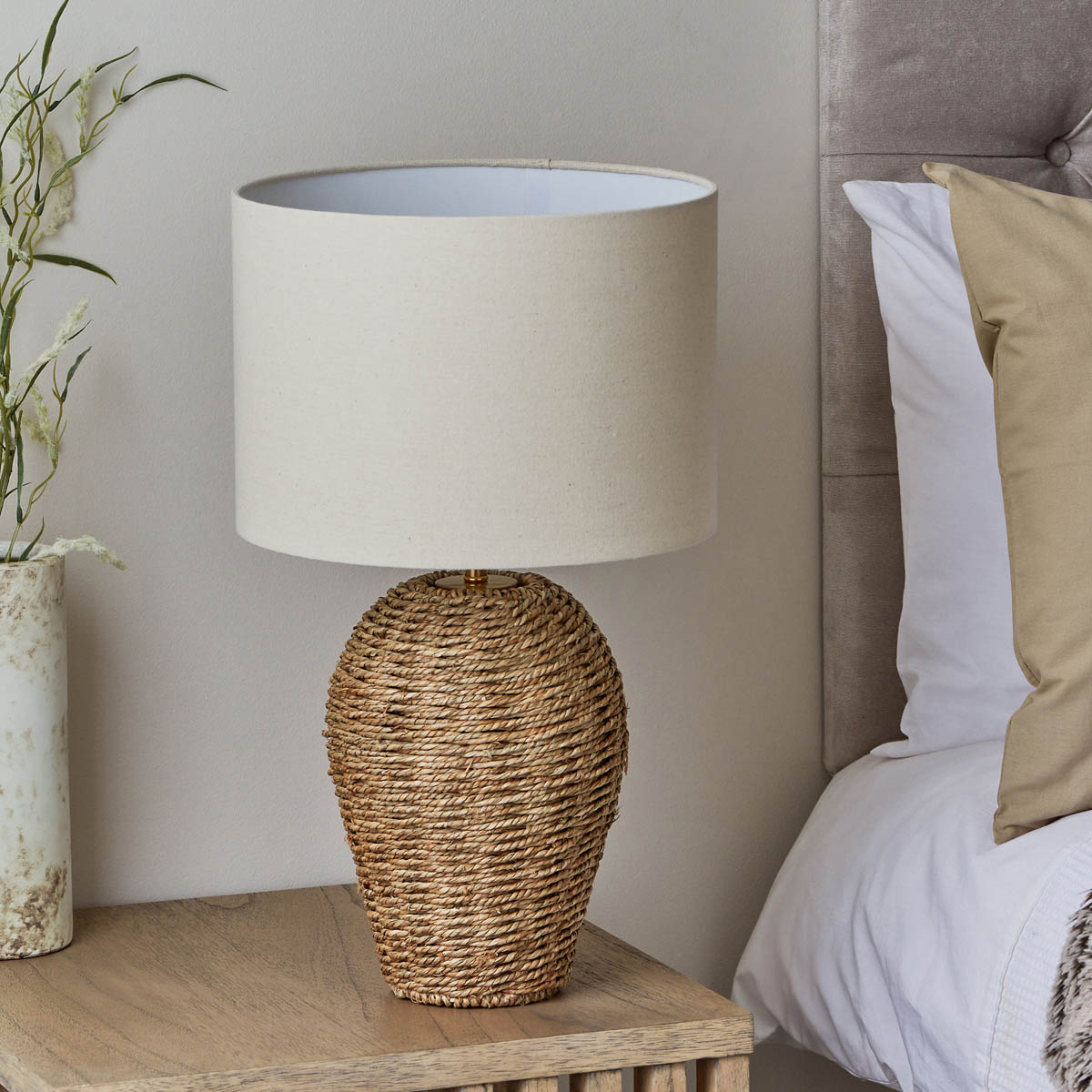 Arnbeck Table Lamp Natural Rattan Effect Fabric Drum Shade Modern Bedroom - Image 4