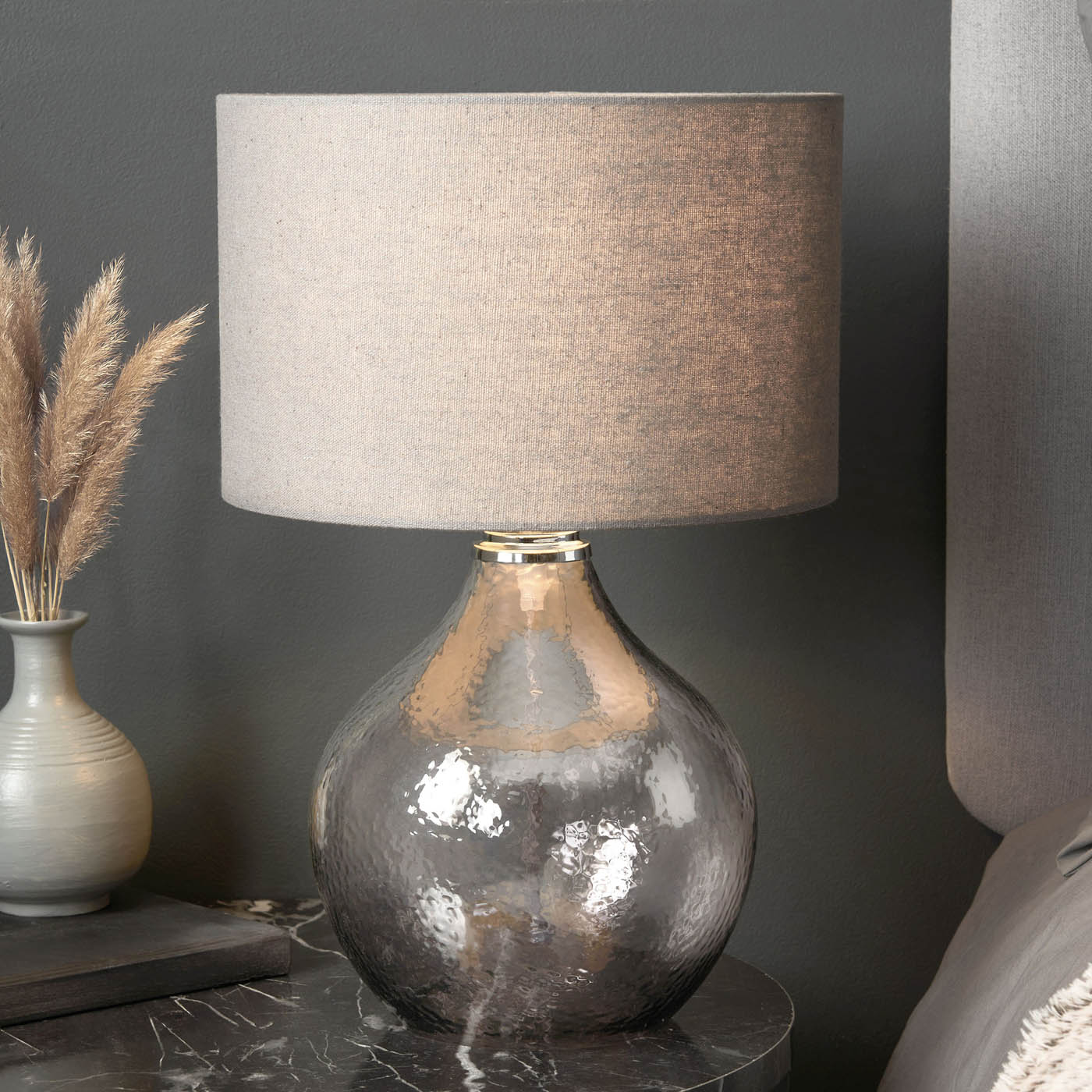 Table Lamp Smoke Grey Teardrop E14 Fabric Glass Bedroom Living Room Modern - Image 1