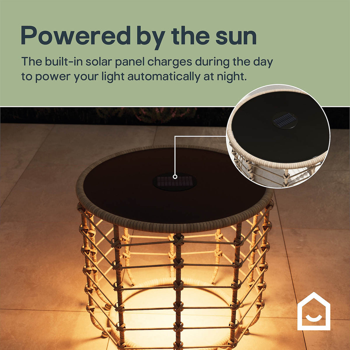Omalos Garden Side Table Rattan Effect Beige Round Solar-Powered Outdoor - Image 6