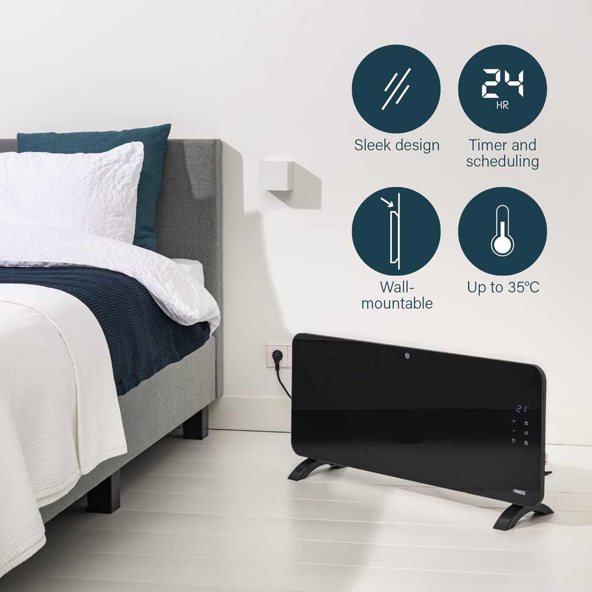 Princess Panel Heater Electric Black Smart Glass Portable Wall Mounted 2000W - Image 1