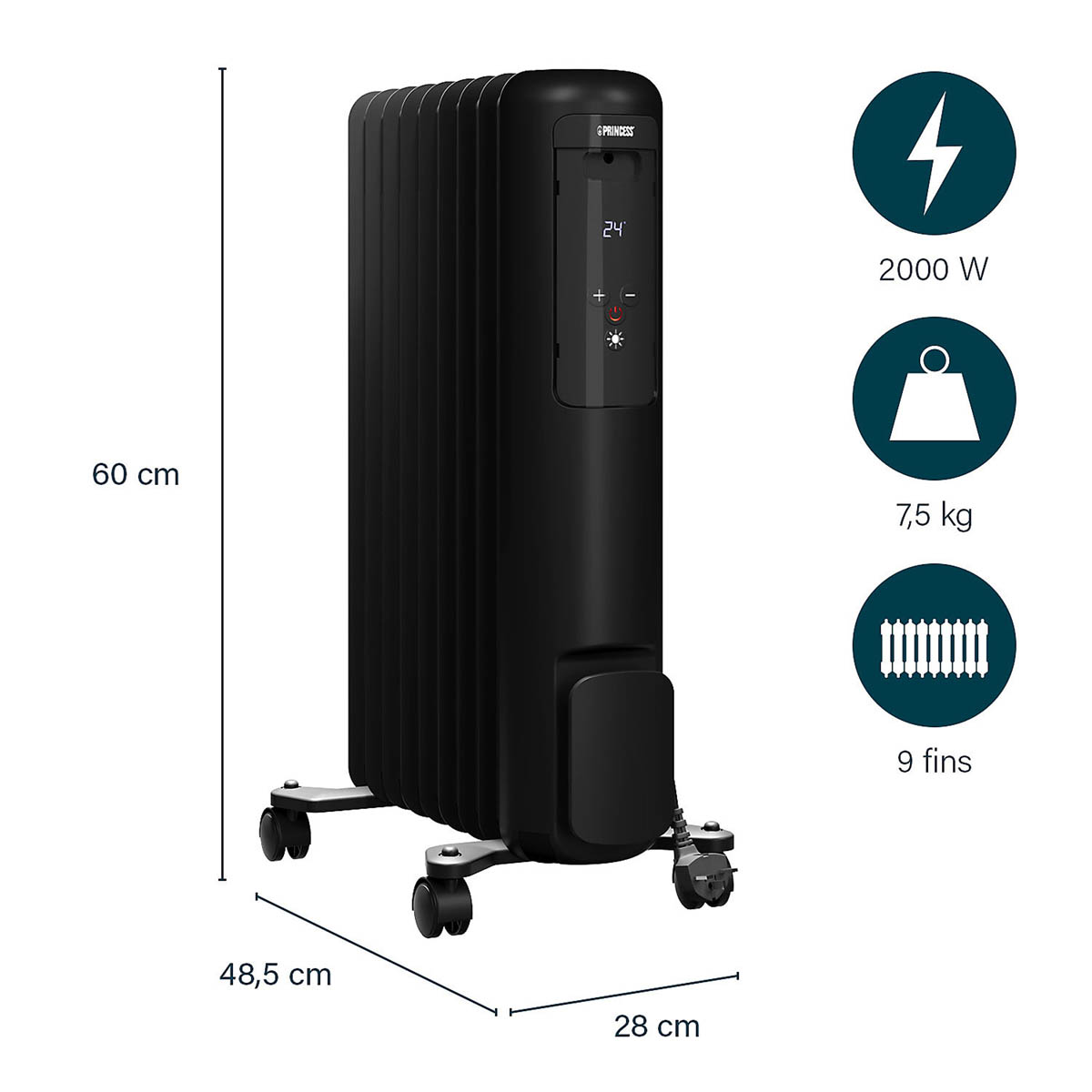 Princess Smart Oil-Filled Radiator Portable Electric Black LED Display Timer 2kW - Image 3