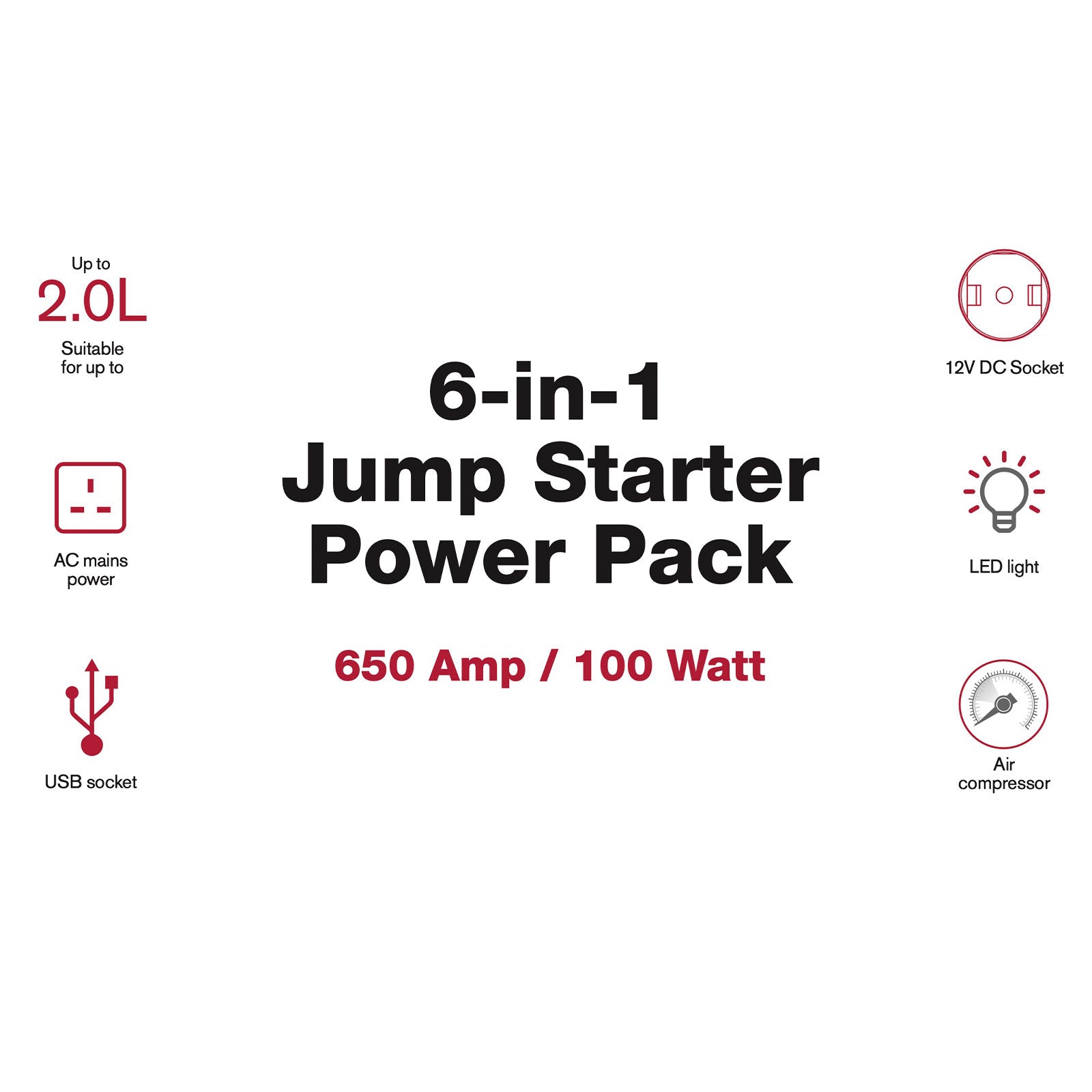 Portable Car Jump Starter Battery Pack Booster 6 In 1 Air Compressor USB 600Amp - Image 3