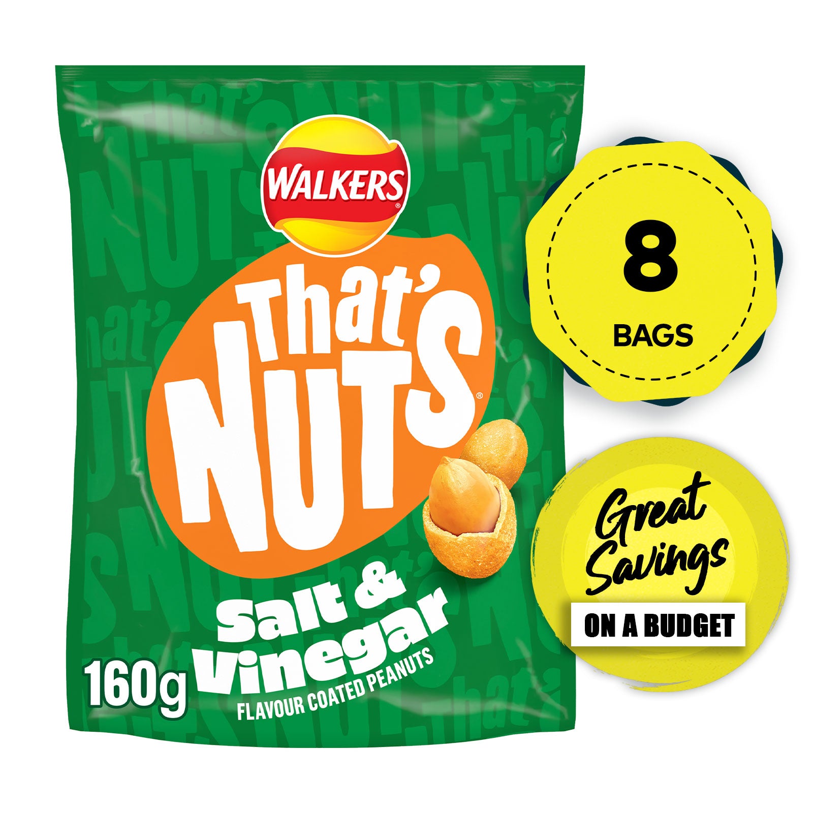 That’s Nuts Walkers Salt Vinegar Sharing Coated Peanuts 8 x 160g - Image 1