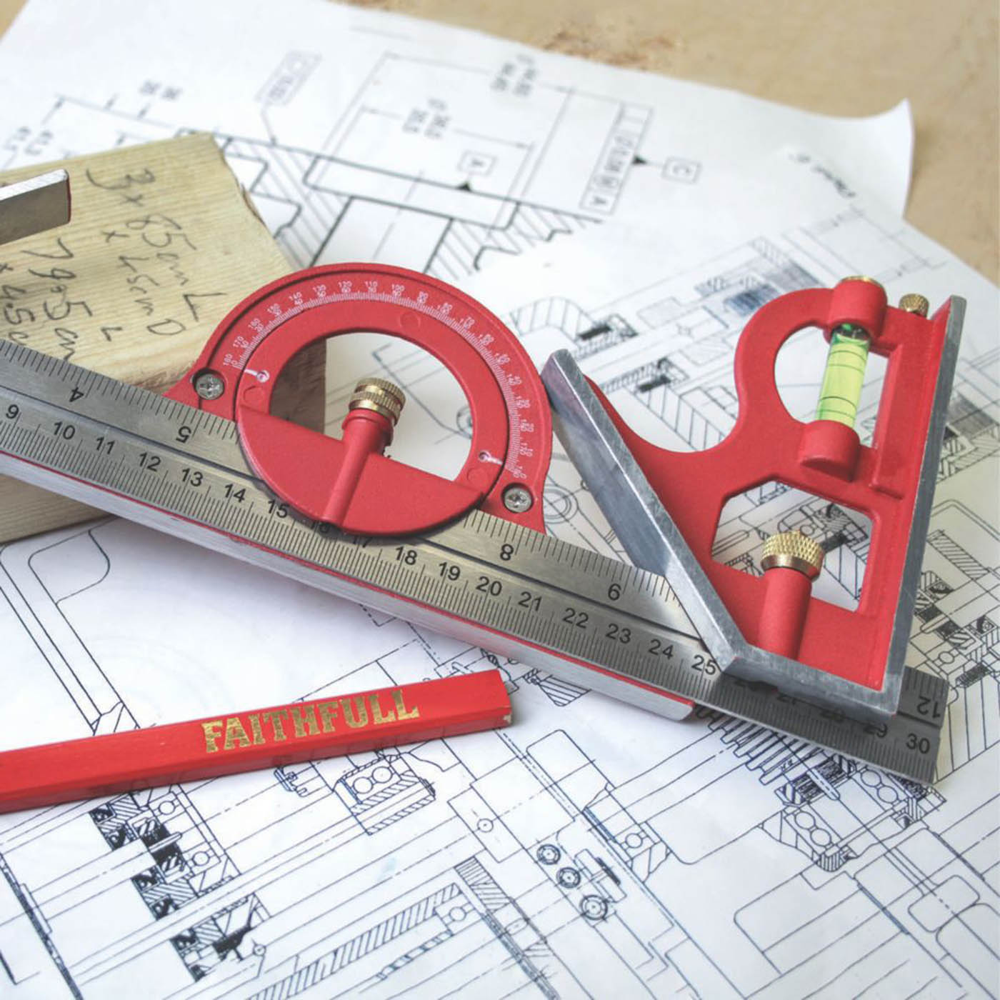 Faithfull Combination Square With Protractor Stainless Steel 12inches Red 300mm - Image 3