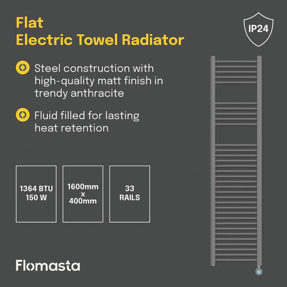 Flomasta Electric Towel Radiator Flat Matt Anthracite 1600mm x 400mm 1364BTU - Image 4