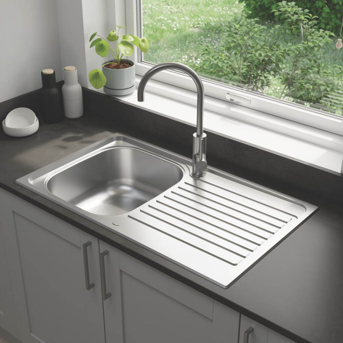 Kitchen Sink 1 Bowl Satin Stainless Steel Reversible Drainer 860mm x 500mm - Image 6