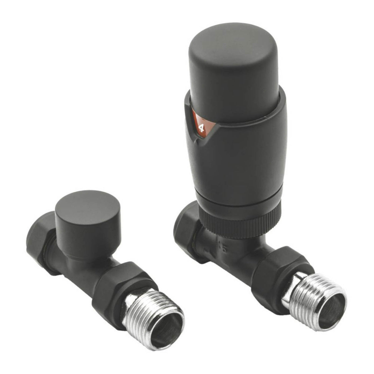 Reina Modal TRV 15mm x 15mm Black Straight & L/S Designer Thermostatic Radiator Valve & Lockshield - Image 1