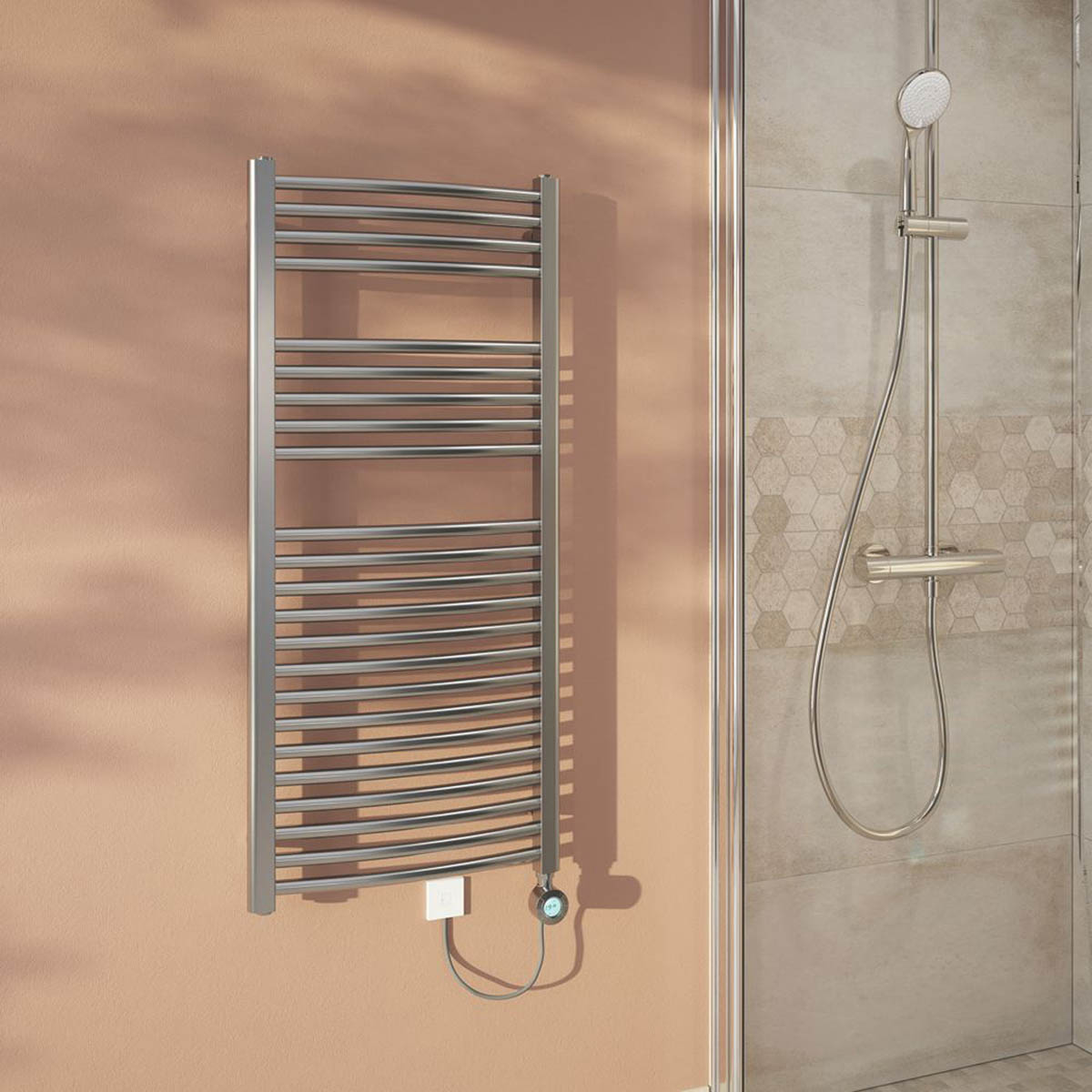 Flomasta Electric Towel Radiator Curved Gloss Chrome 1100mm x 500mm 853BTU - Image 2