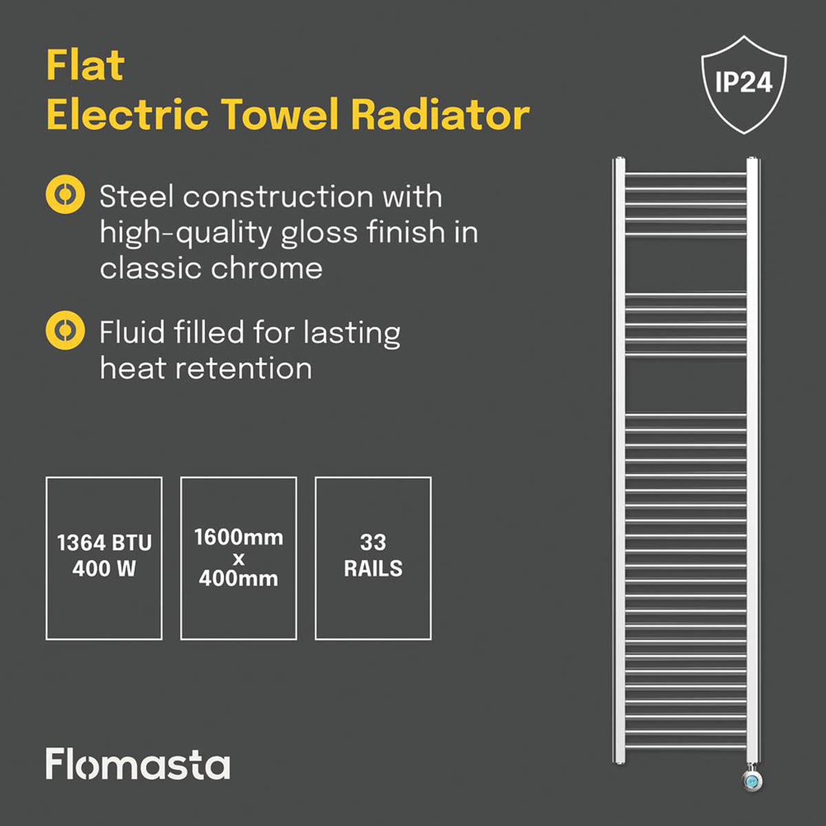 Flomasta Electric Towel Rail Radiator Flat Bathroom Warmer Ladder (H)160x(W)40cm - Image 4