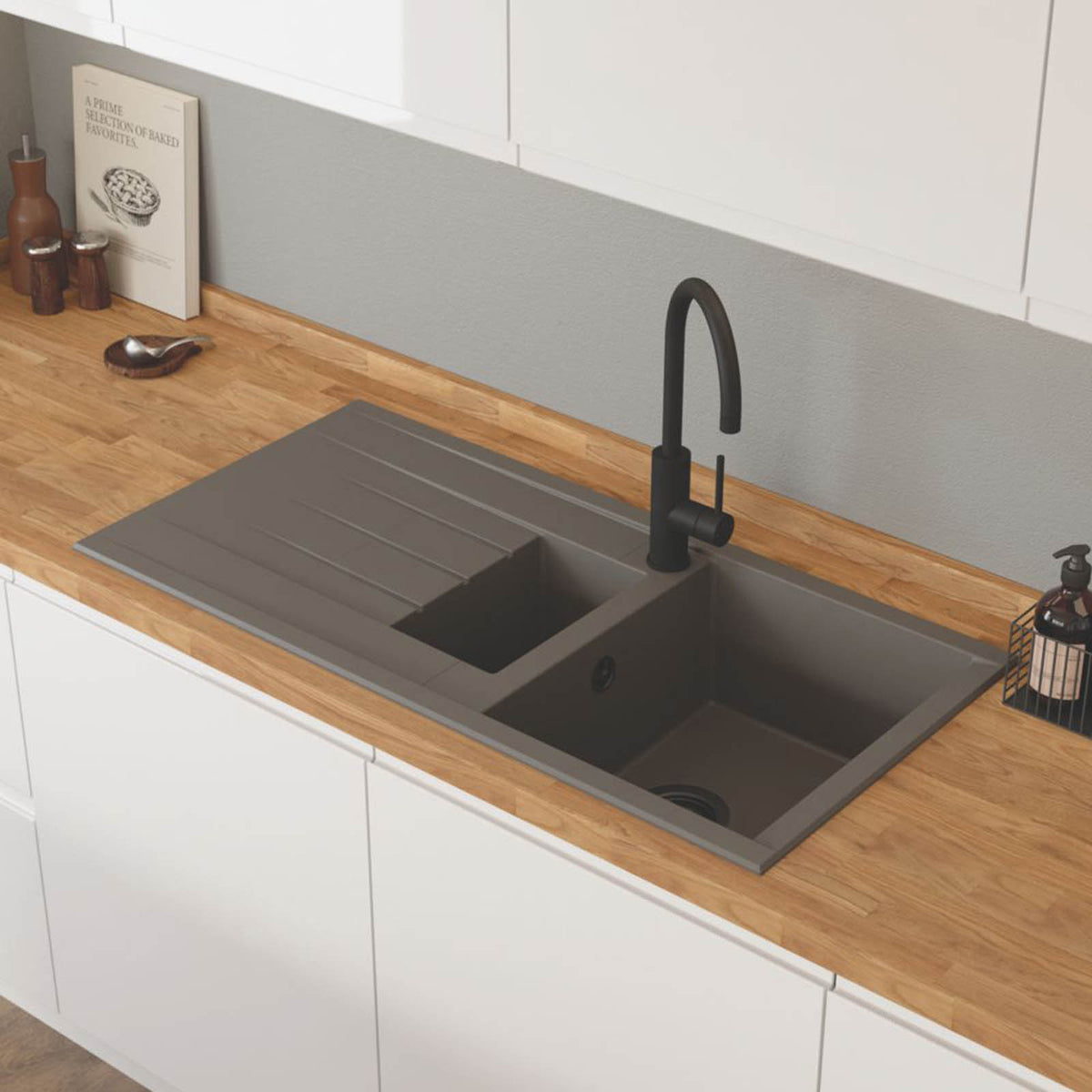 Swirl Kitchen Sink 1.5 Bowl Grey Composite Inset Reversible Drainer Modern - Image 5